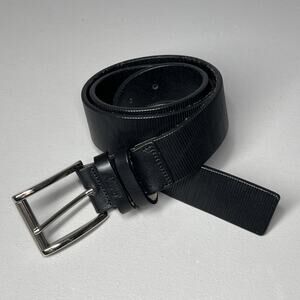 Joop! Italian Leather Belt Mens 32 Black Ribbed Silver Tone Brass Buckle Italy